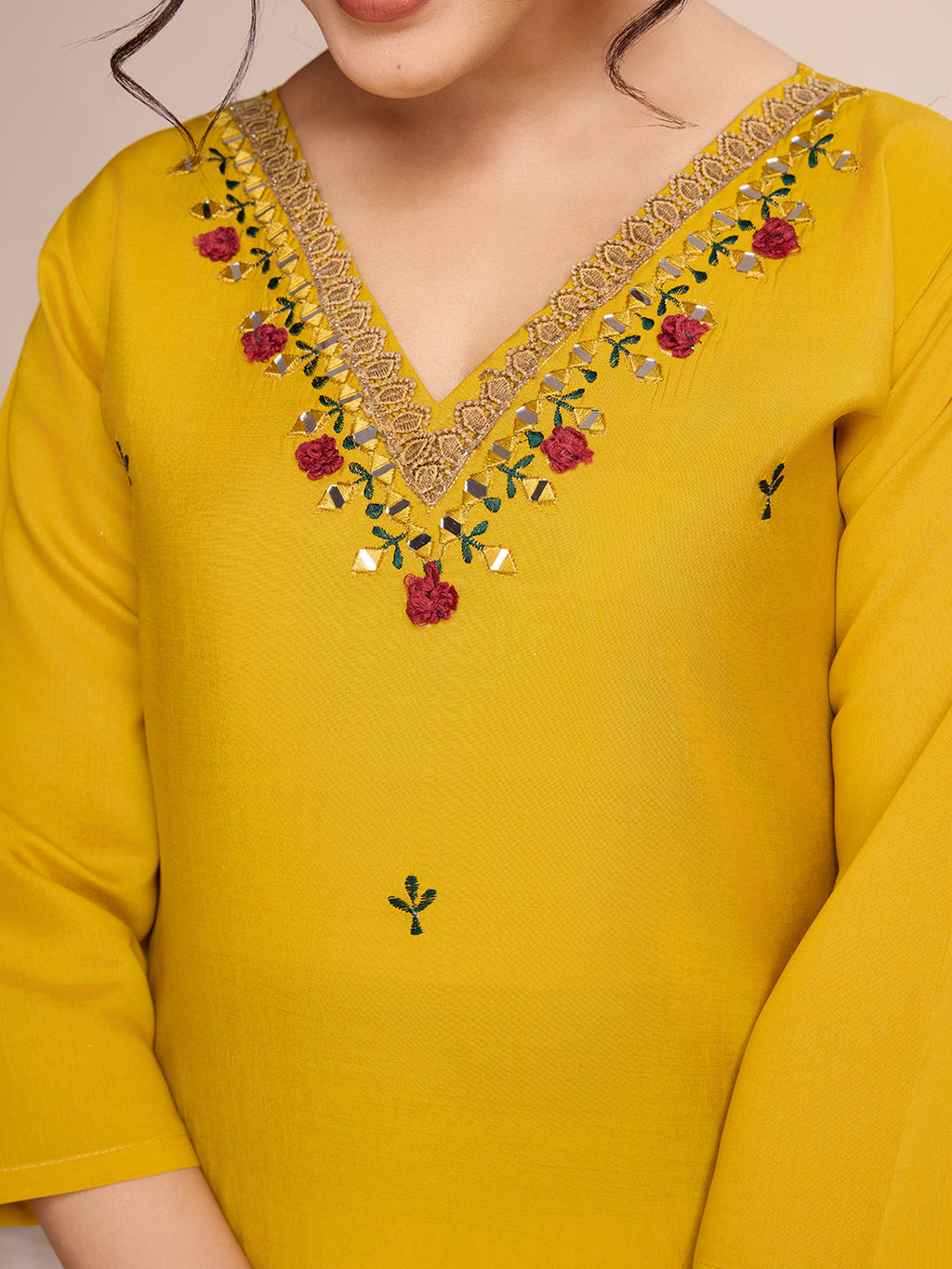 Lorenvalley Mustard Chanderi Roman Silk Embroidered with Mirror Work Kurta Set | Grocsy