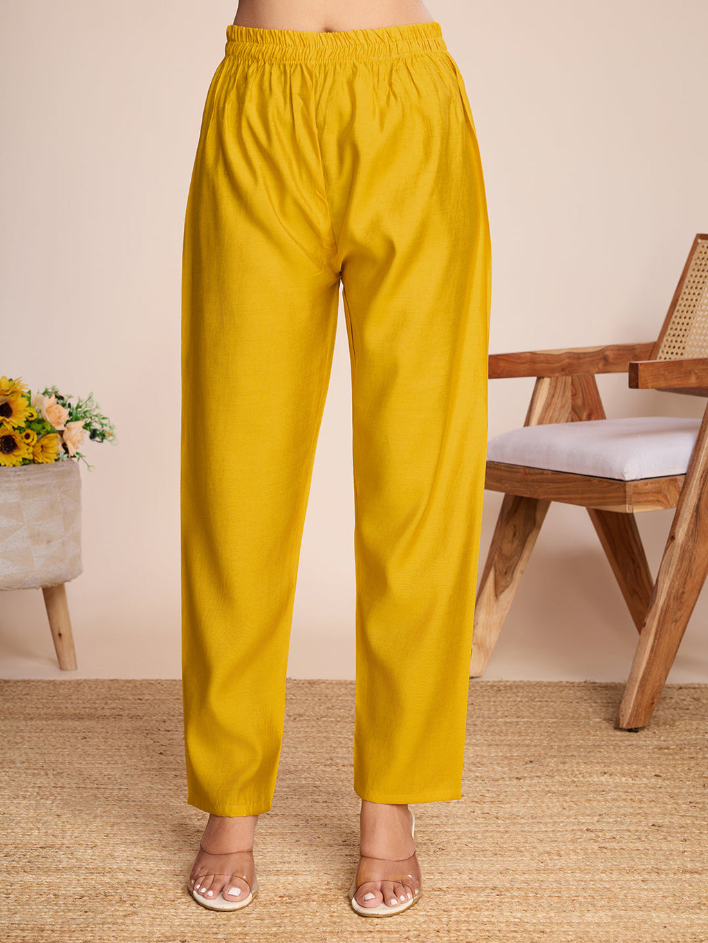 Lorenvalley Mustard Chanderi Roman Silk Embroidered with Mirror Work Kurta Set | Grocsy