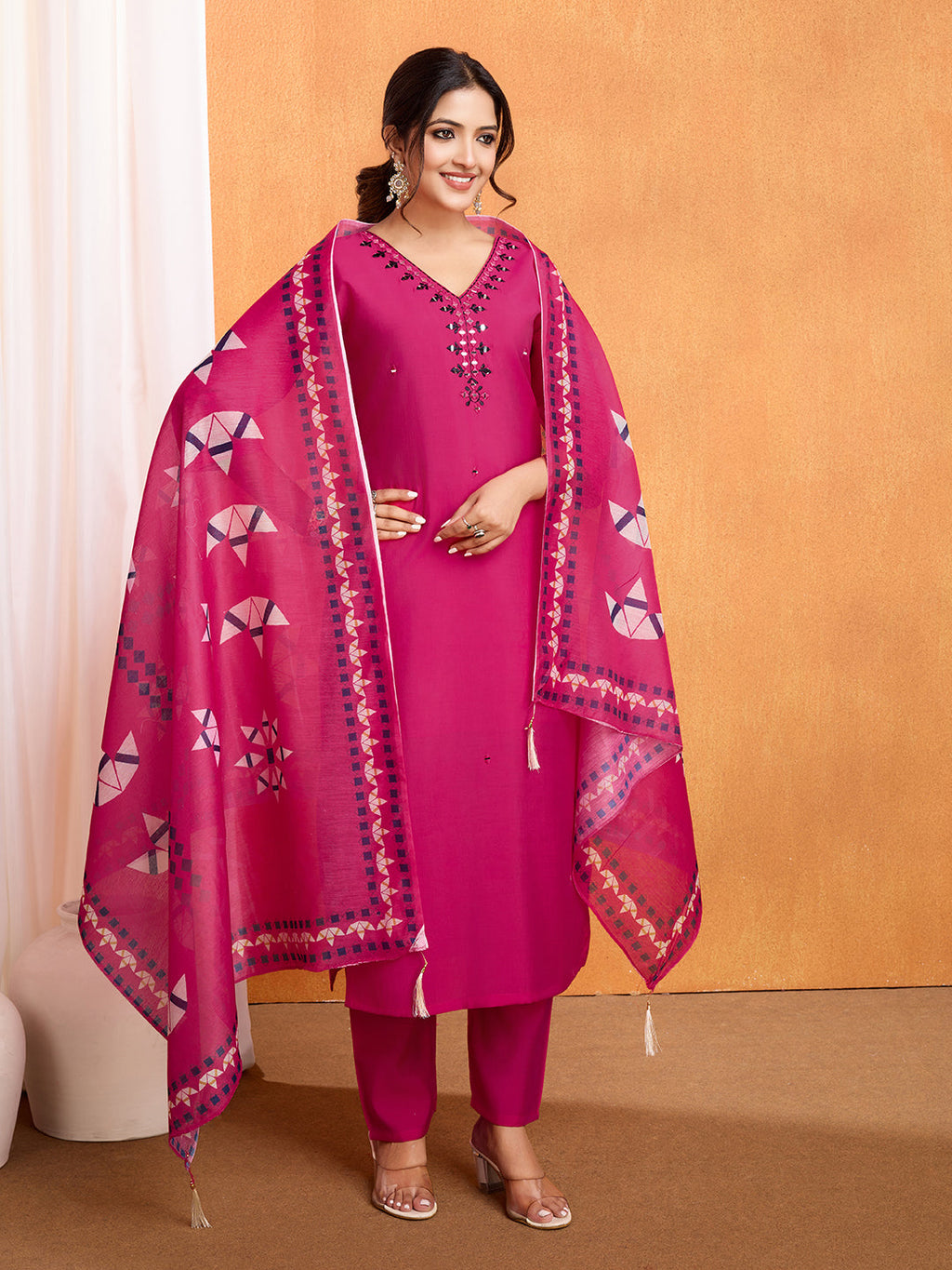 Lorenvalley Magenta Chanderi Roman Silk Embroidered with Mirror Work Kurta Set | Grocsy