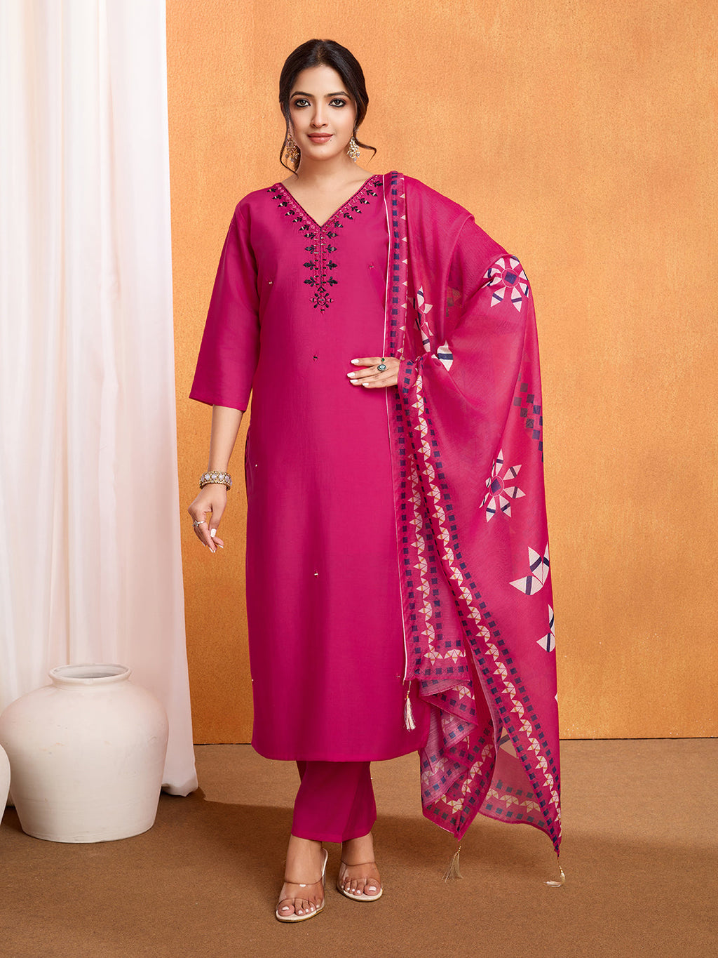 Lorenvalley Magenta Chanderi Roman Silk Embroidered with Mirror Work Kurta Set | Grocsy