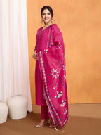 Lorenvalley Magenta Chanderi Roman Silk Embroidered with Mirror Work Kurta Set | Grocsy