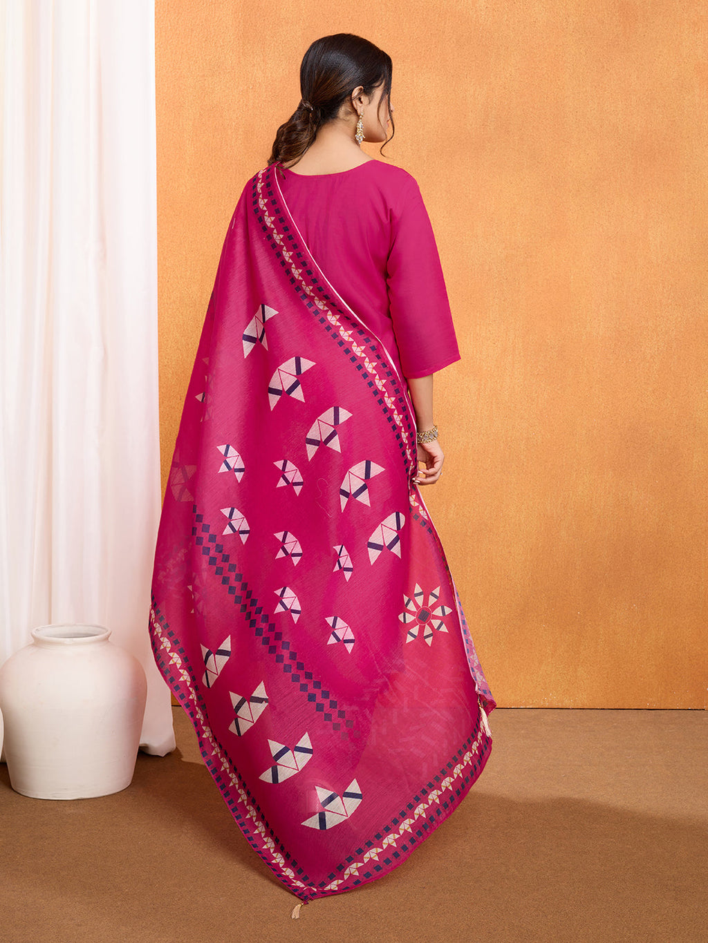 Lorenvalley Magenta Chanderi Roman Silk Embroidered with Mirror Work Kurta Set | Grocsy