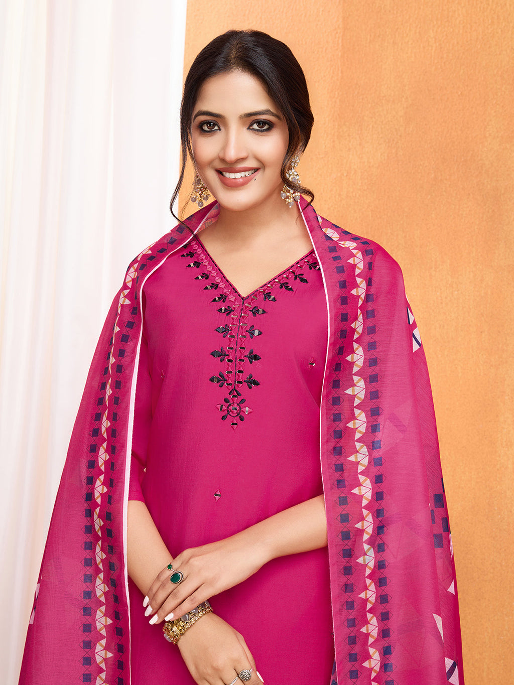 Lorenvalley Magenta Chanderi Roman Silk Embroidered with Mirror Work Kurta Set | Grocsy