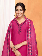 Lorenvalley Magenta Chanderi Roman Silk Embroidered with Mirror Work Kurta Set | Grocsy