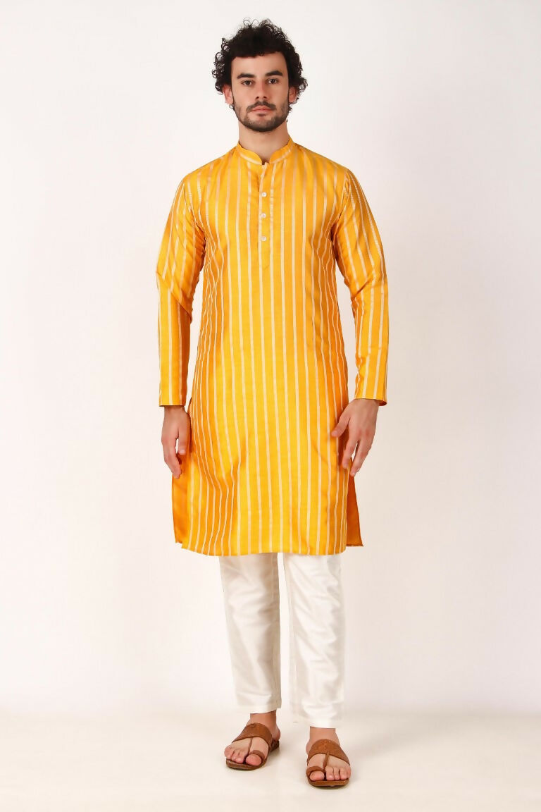 Yellow Art Silk Woven Designer Men's Rajwadi Kurta Set - Mahotsav | Grocsy