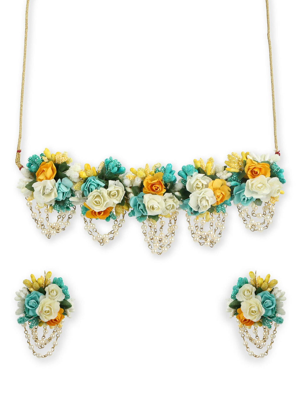 Flower Jewellery Gold-Polished Turquoise Blue Floral Jewellery Set - Ruby Raang | Grocsy