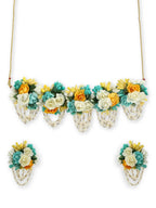 Flower Jewellery Gold-Polished Turquoise Blue Floral Jewellery Set - Ruby Raang | Grocsy