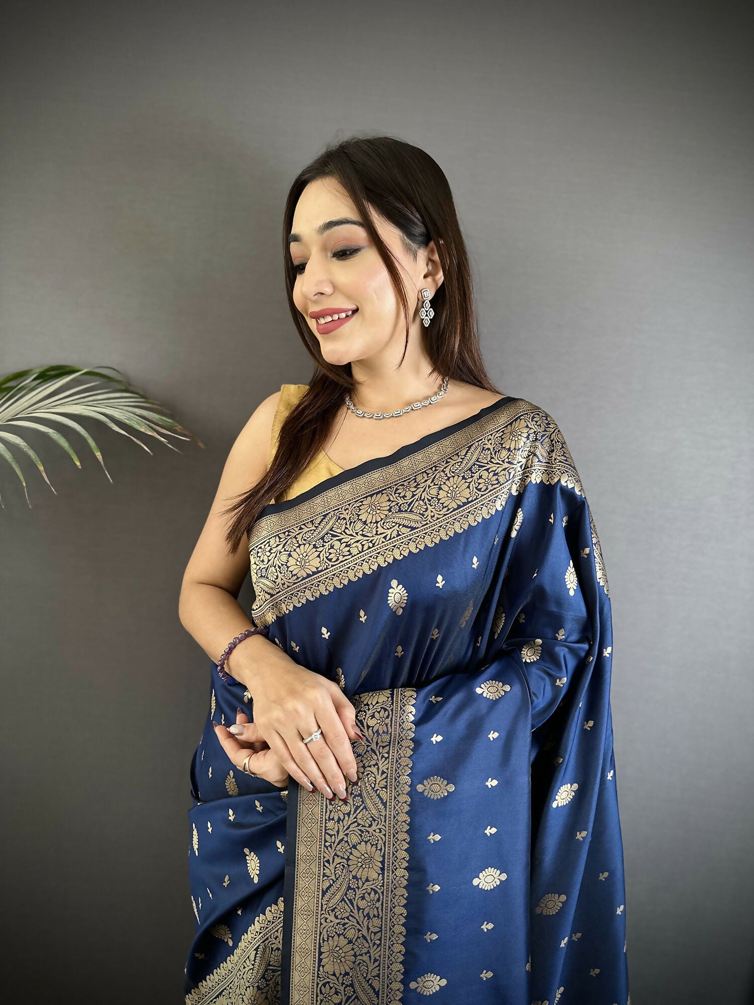Joban Fashion Navy Blue Zari Weaving Motif Lichi Silk Banarasi Silk Saree | Grocsy