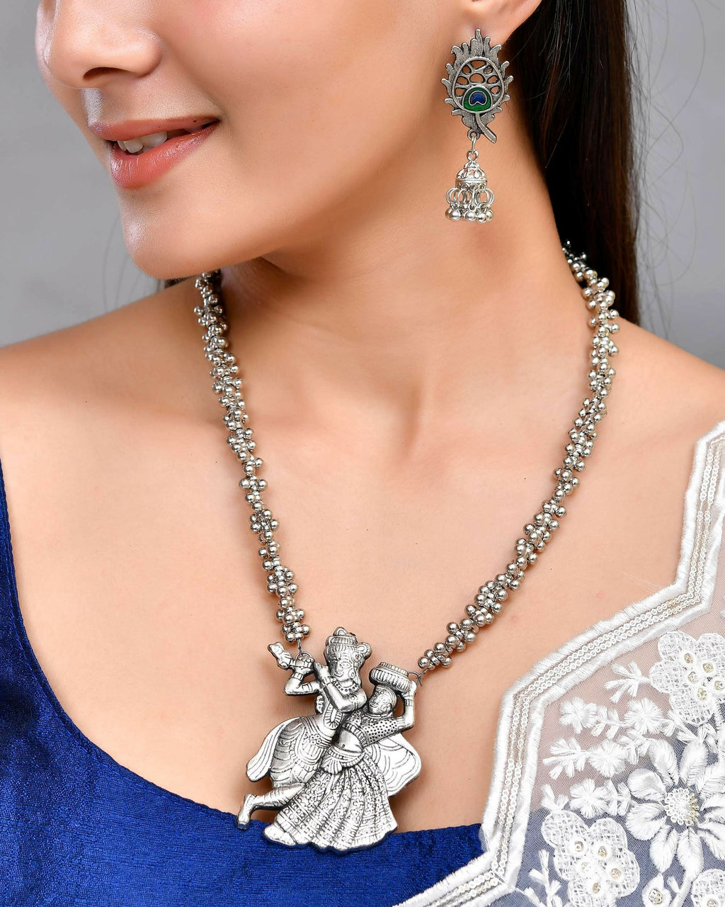 VOJ Silver Plated Oxidized Kanha Shape Long Necklace with Earring Set | Grocsy