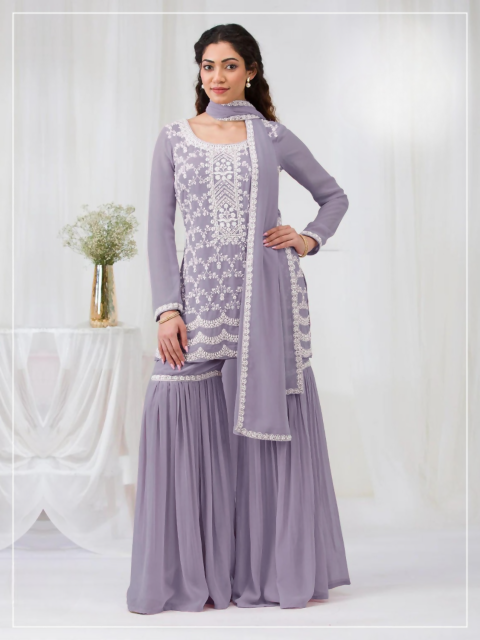 Anaita Lavender Faux Georgette Stitched Suit with Embroidery Cotton Thread & Sequence Work | Grocsy