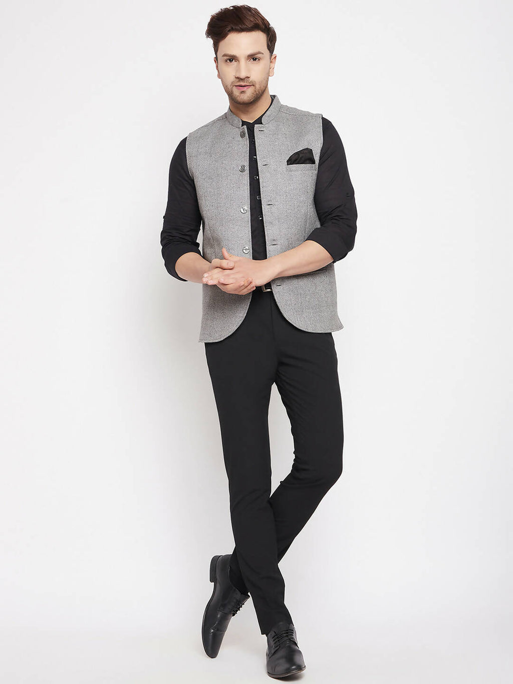 Even Apparels Grey Wool Men Woven Nehru Jacket WL730 | Grocsy