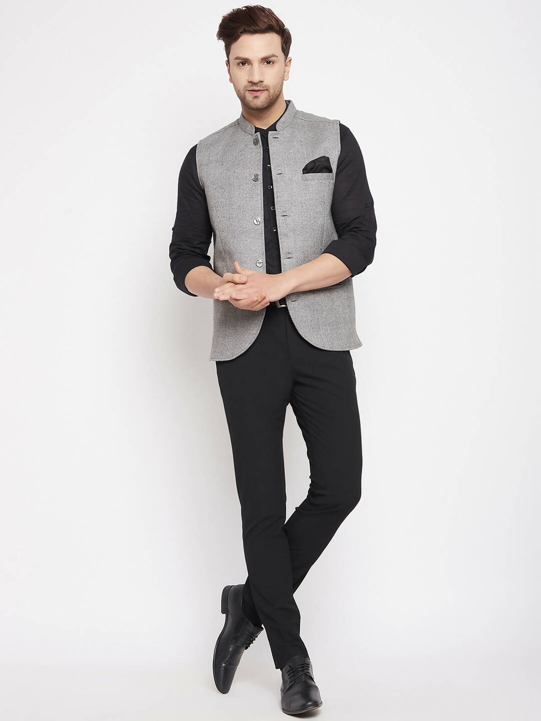 Even Apparels Grey Wool Men Woven Nehru Jacket WL730 | Grocsy