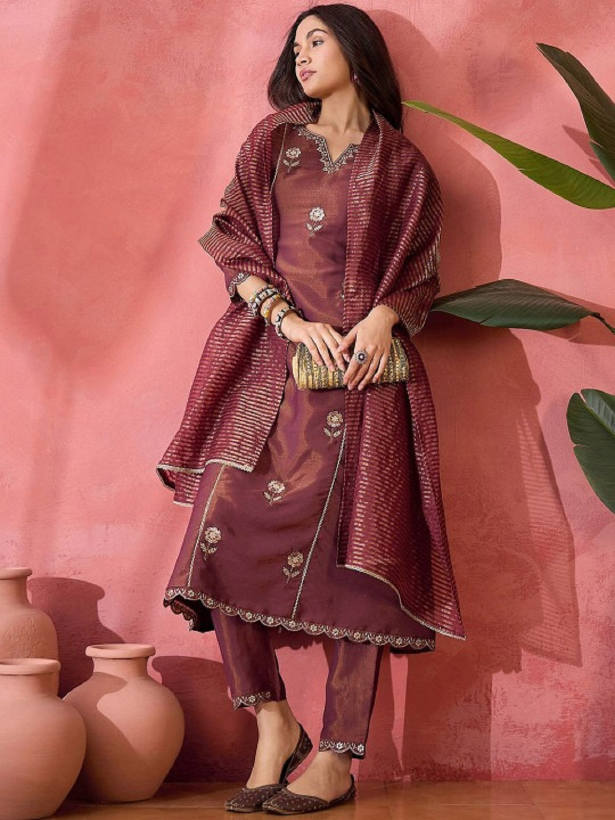 Dwija Fashion Embroidered Kurti With Pant And Duppata Set-Maroon | Grocsy