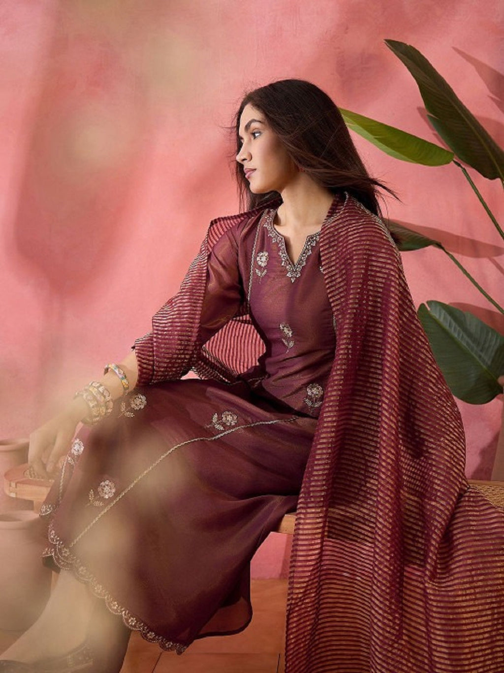 Dwija Fashion Embroidered Kurti With Pant And Duppata Set-Maroon | Grocsy