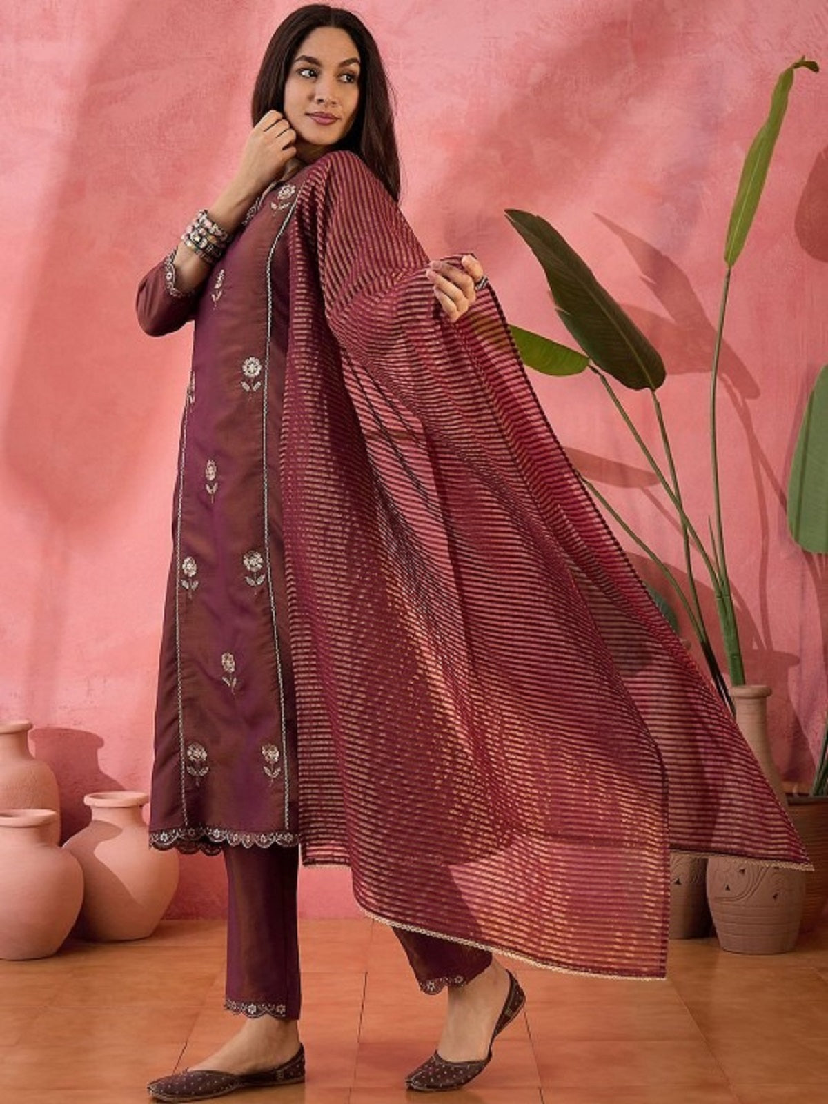 Dwija Fashion Embroidered Kurti With Pant And Duppata Set-Maroon | Grocsy