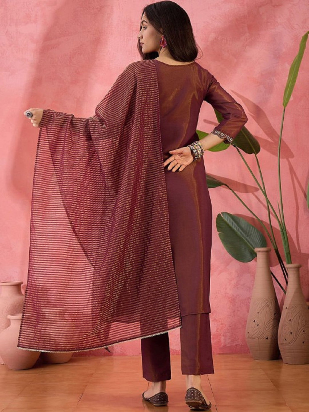 Dwija Fashion Embroidered Kurti With Pant And Duppata Set-Maroon | Grocsy