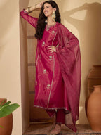 Dwija Fashion Embroidered Kurti With Pant And Duppata Set-Wine | Grocsy