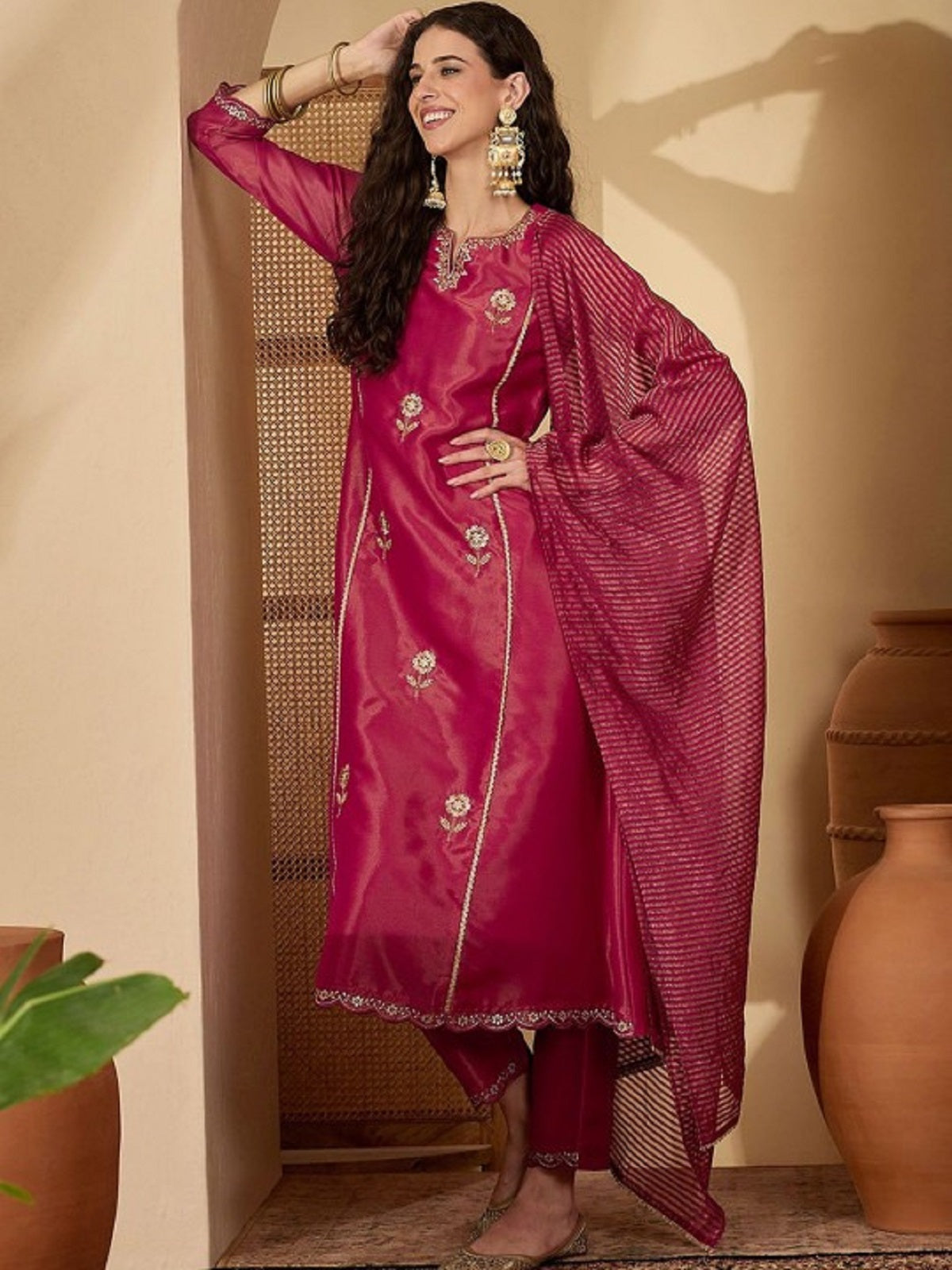 Dwija Fashion Embroidered Kurti With Pant And Duppata Set-Wine | Grocsy