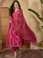 Dwija Fashion Embroidered Kurti With Pant And Duppata Set-Wine | Grocsy