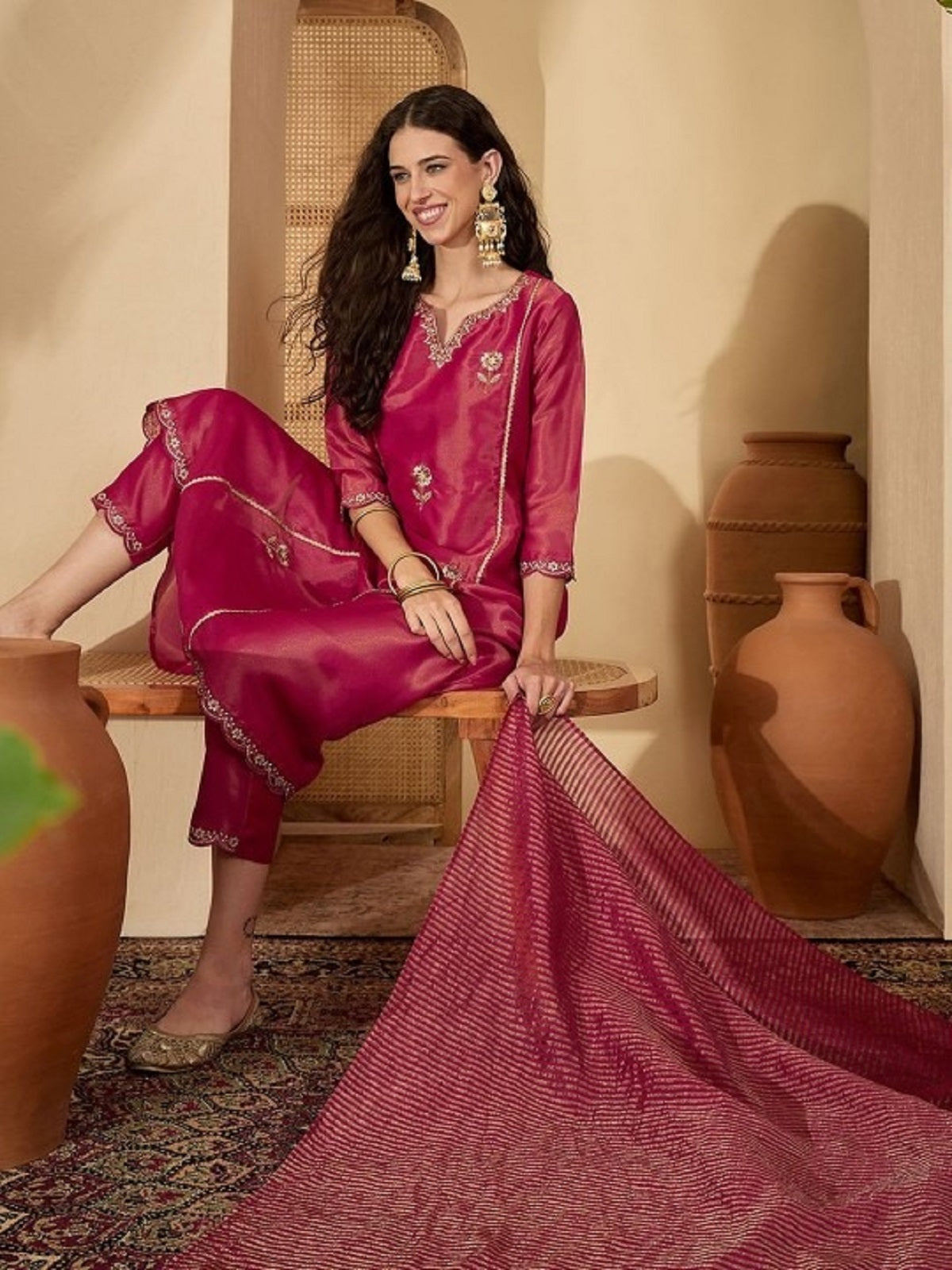 Dwija Fashion Embroidered Kurti With Pant And Duppata Set-Wine | Grocsy
