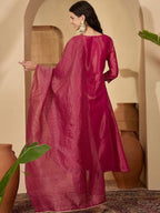Dwija Fashion A-Line Kurta Silk Blend Pink Kurta Set With Pant And Dupatta | Grocsy