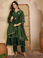 Dwija Fashion Embroidered Kurti With Pant And Duppata Set-Green | Grocsy