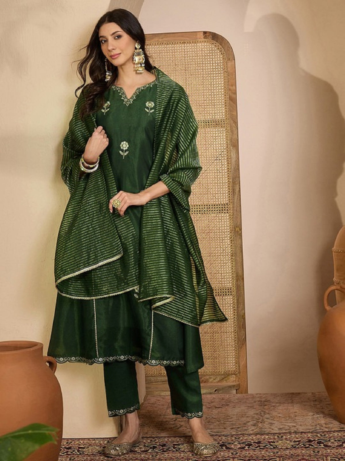 Dwija Fashion Embroidered Kurti With Pant And Duppata Set-Green | Grocsy