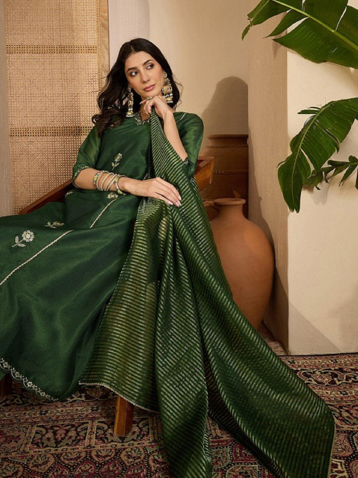 Dwija Fashion Embroidered Kurti With Pant And Duppata Set-Green | Grocsy