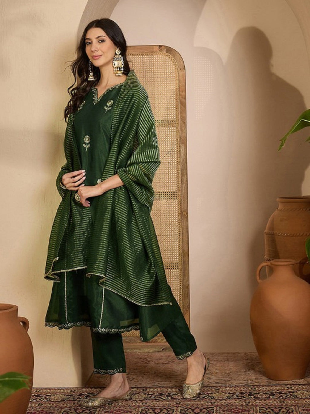 Dwija Fashion Embroidered Kurti With Pant And Duppata Set-Green | Grocsy