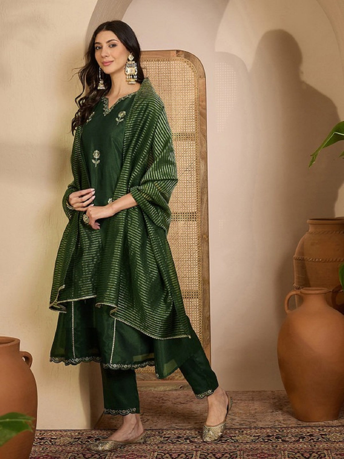 Dwija Fashion Embroidered Kurti With Pant And Duppata Set-Green | Grocsy