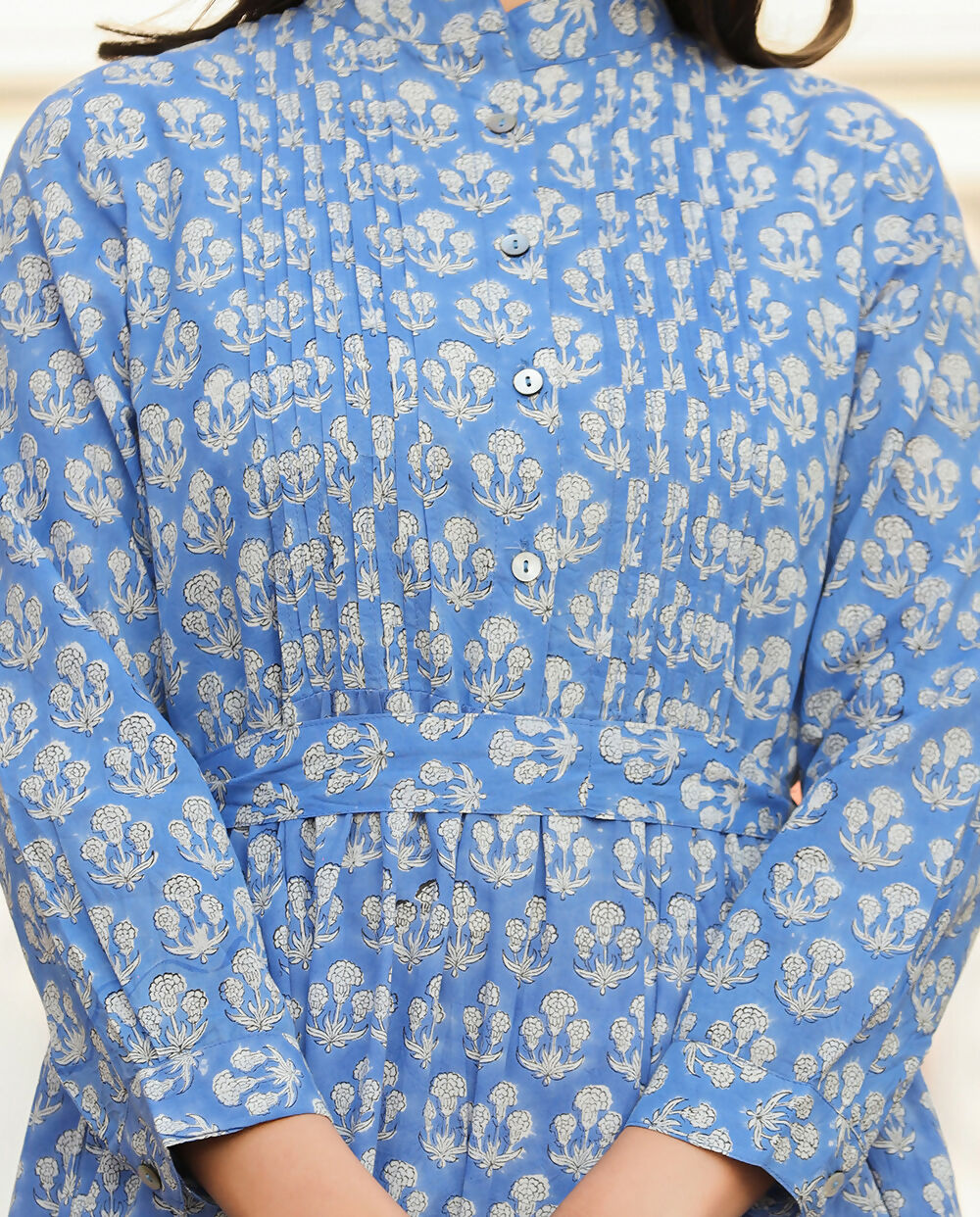 Kaajh Women's Blue Floral Handblock Print Cotton Dress | Grocsy