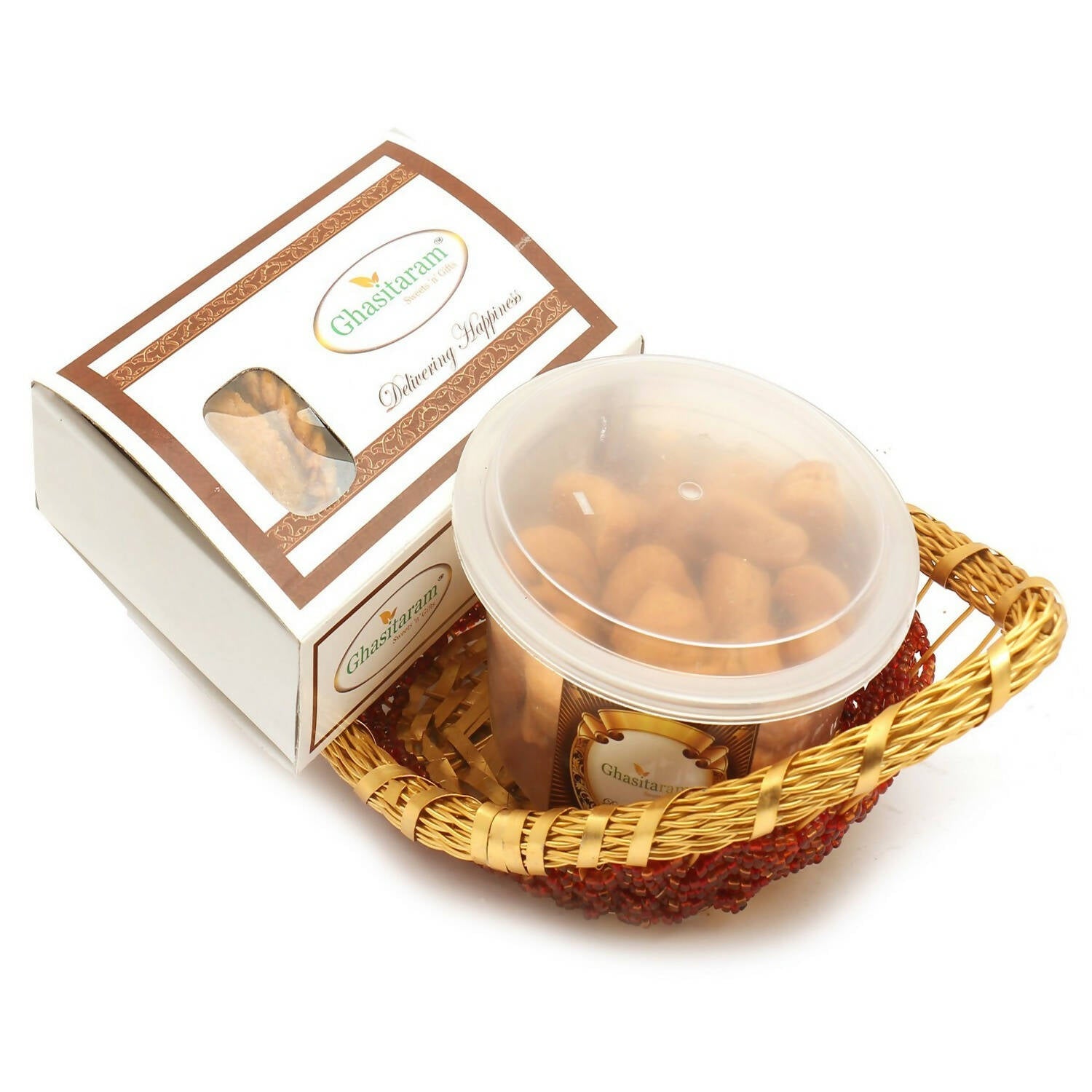 Ghasitaram Holi Hampers: Boat basket of Gujiya and Mini Gujiya Namkeen | Grocsy
