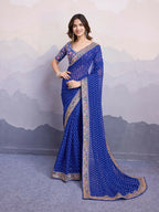 Blue Georgette Bandhani Printed,Embroidery Work Saree - Surkhi | Grocsy
