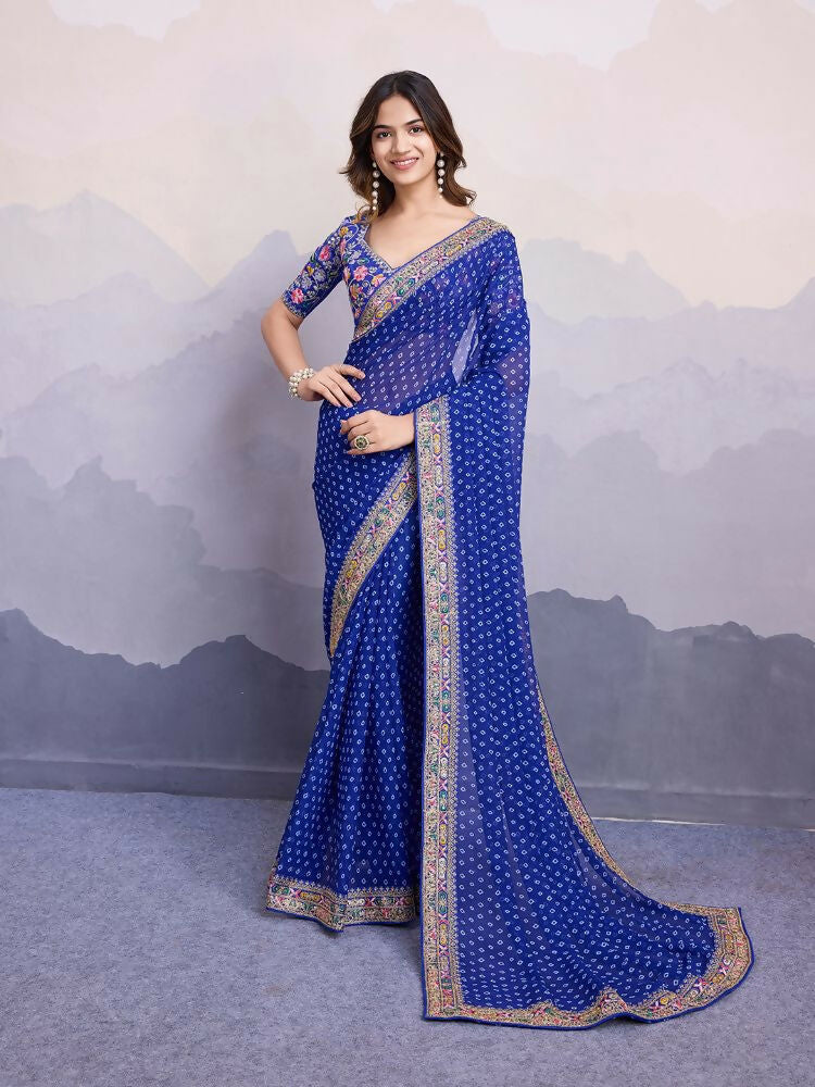 Blue Georgette Bandhani Printed,Embroidery Work Saree - Surkhi | Grocsy
