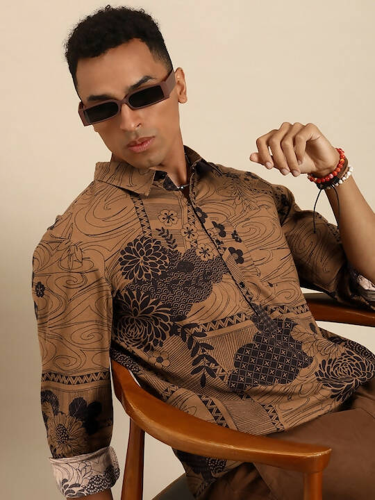 Brown Men Pure Cotton Relaxed Floral Opaque Printed Casual Shirt - Mahotsav | Grocsy