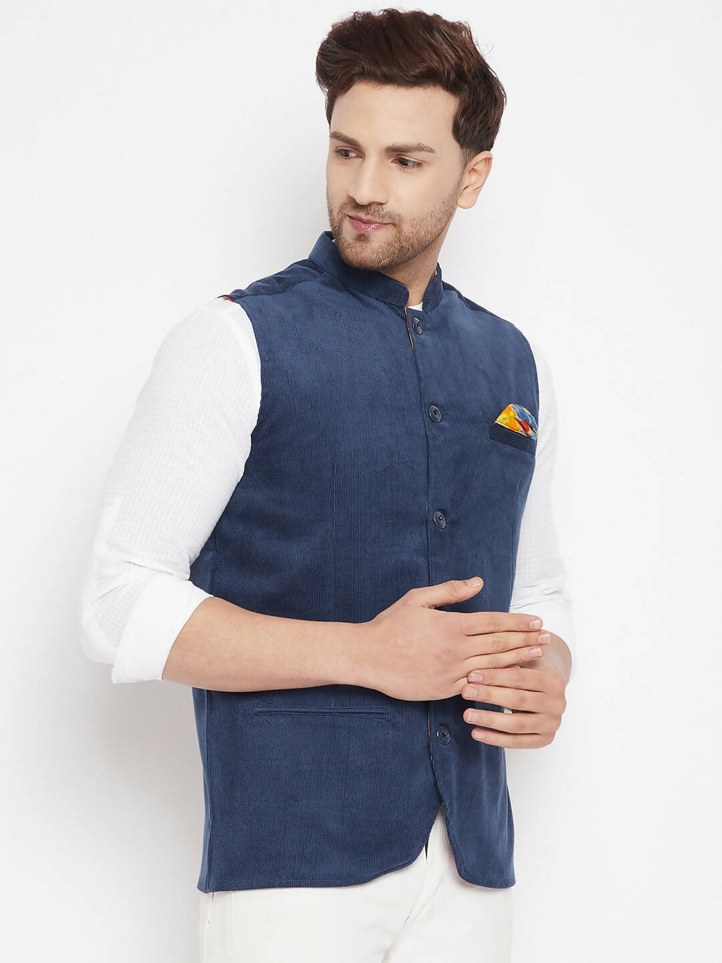 Even Apparels Blue Polyester Men's Nehru Jacket-Contrast Lining-Inbuilt Pocket Square | Grocsy