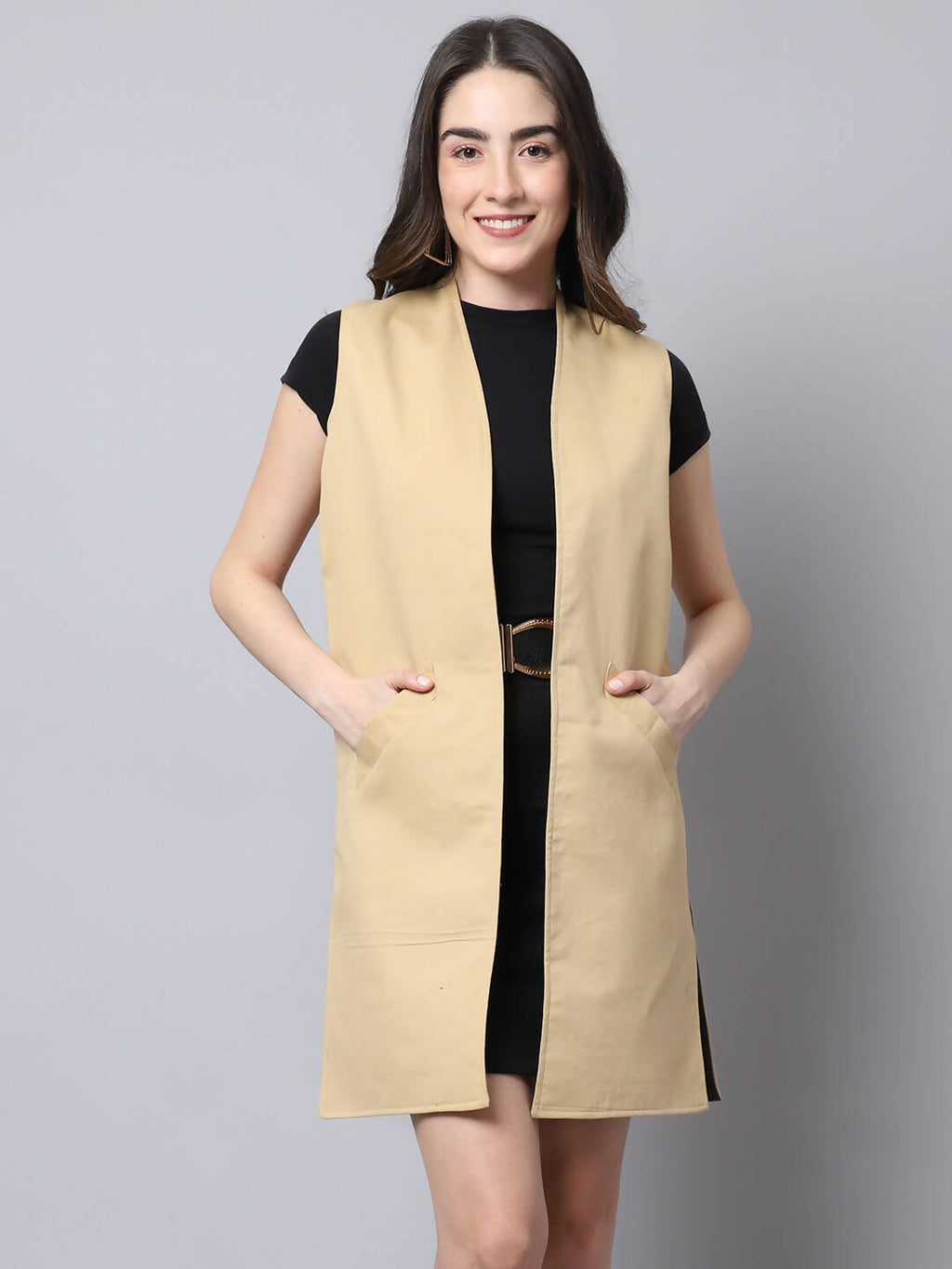 Even Apparels Brown Polywool Open Front Women's Long Coat PW724 | Grocsy