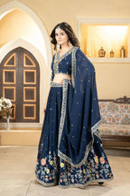Eilara Prussian Blue Georgette Embroidered Panelled Style Lehenga | Grocsy