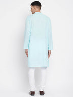 Even Apparels Pure Cotton Blue Color Men's Kurta With Band Collar | Grocsy