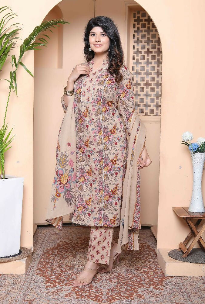 Miravan Womens Multicolor Floral Printed Pure Cotton Kurta And Palazzo With Dupatta Set | Grocsy
