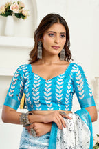 Joban Fashion White Leaf Linen Ready To Wear Saree With Unstitched Blouse | Grocsy