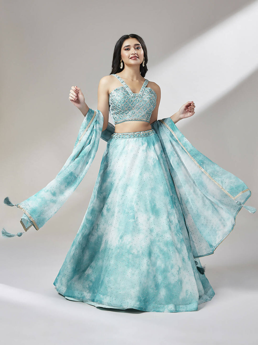 House of Panchhi Turquoise Blue Organza Floral Printed Lehenga choli & Dupatta | Grocsy