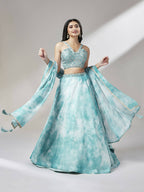 House of Panchhi Turquoise Blue Organza Floral Printed Lehenga choli & Dupatta | Grocsy
