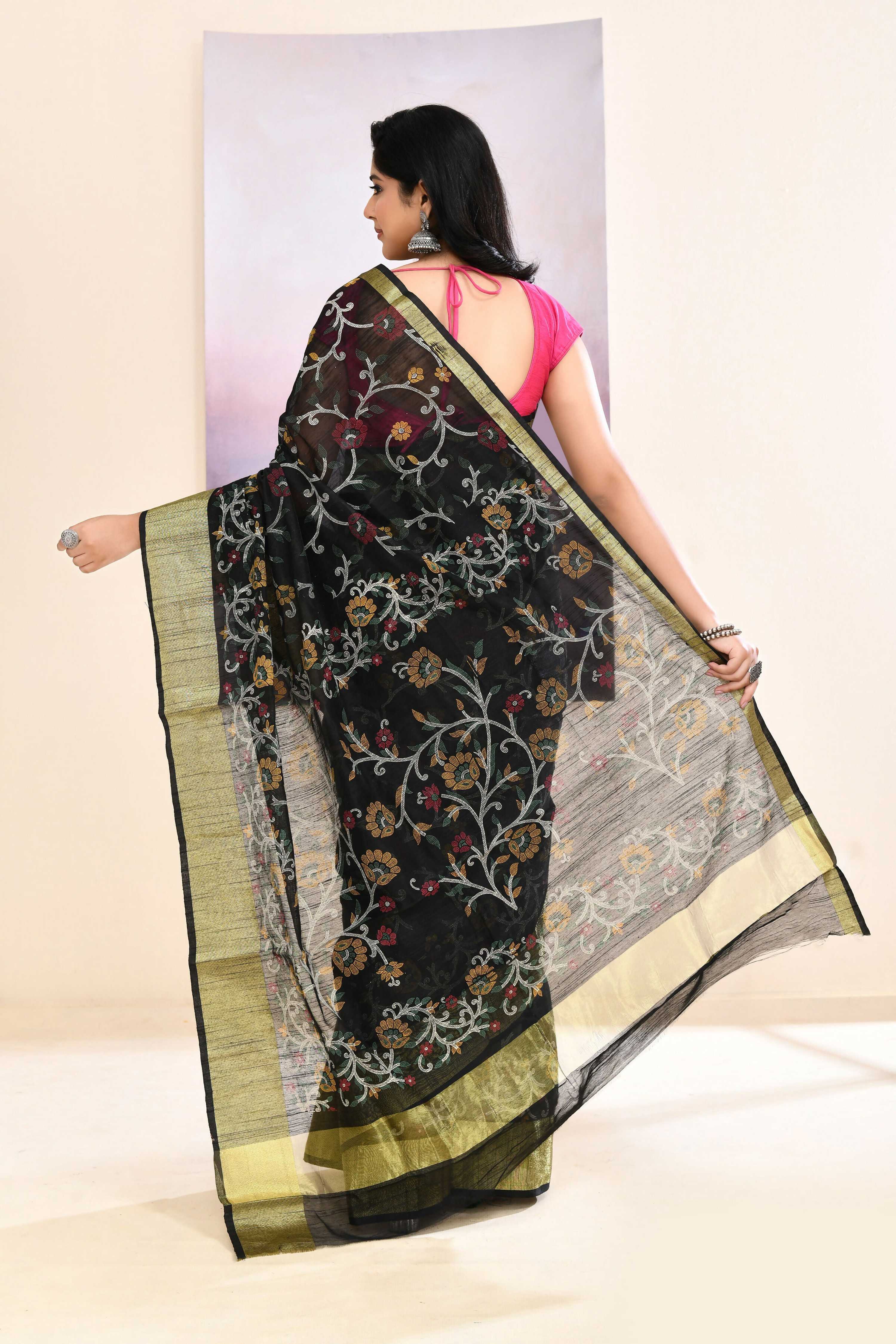 Piyari Fashion Women's Black Embellished Cotton Blend Printed Saree | Grocsy