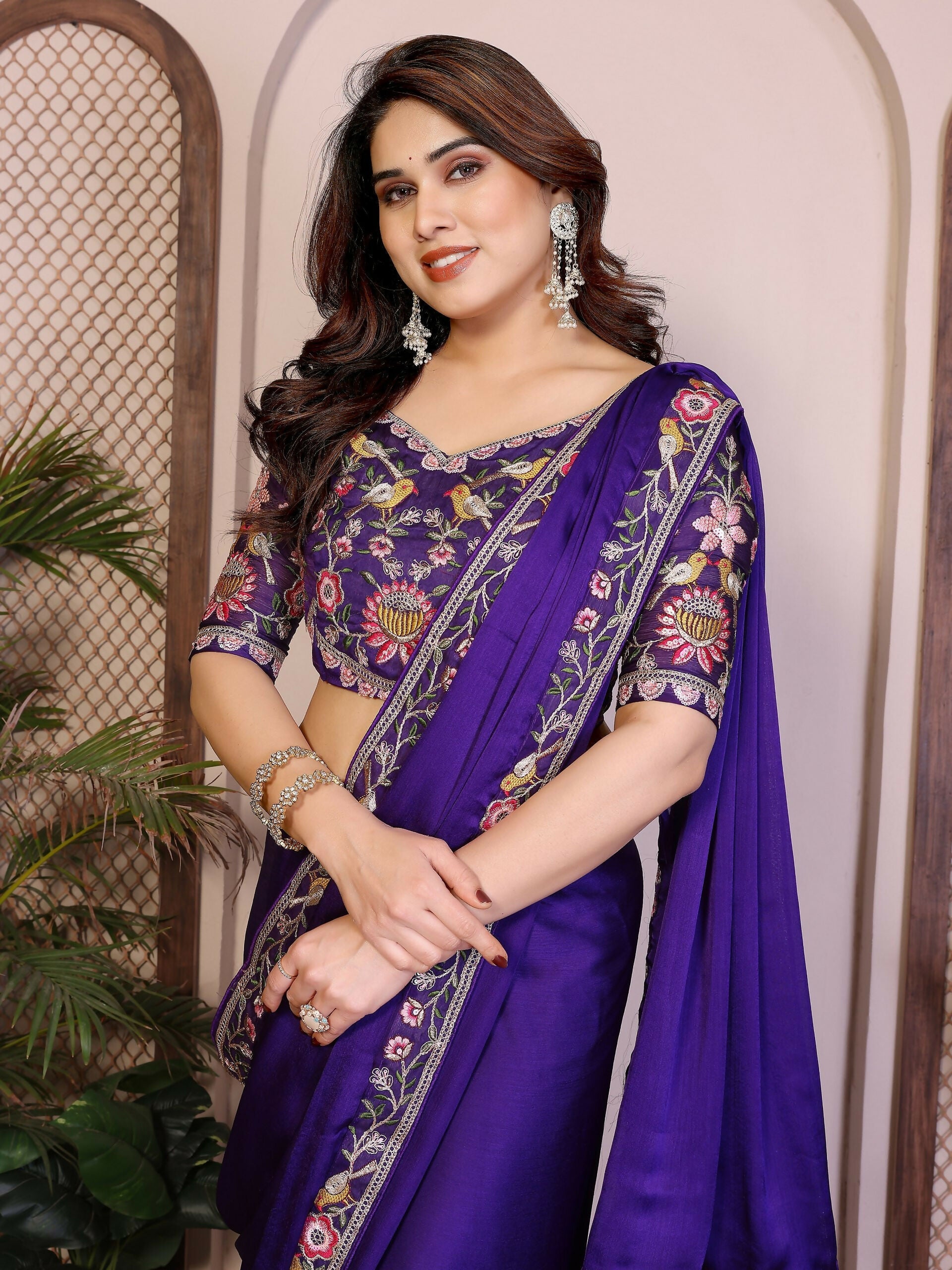 Teeya Creation New Trendy Party Wear Soft Satin Chiffon Saree-Purple | Grocsy