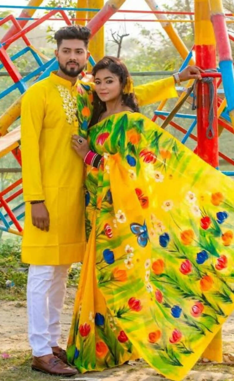 Exclusive Collection Elegant Hand Printing Designe On Pure Cotton Saree And Men's Kurta - Yellow | Grocsy