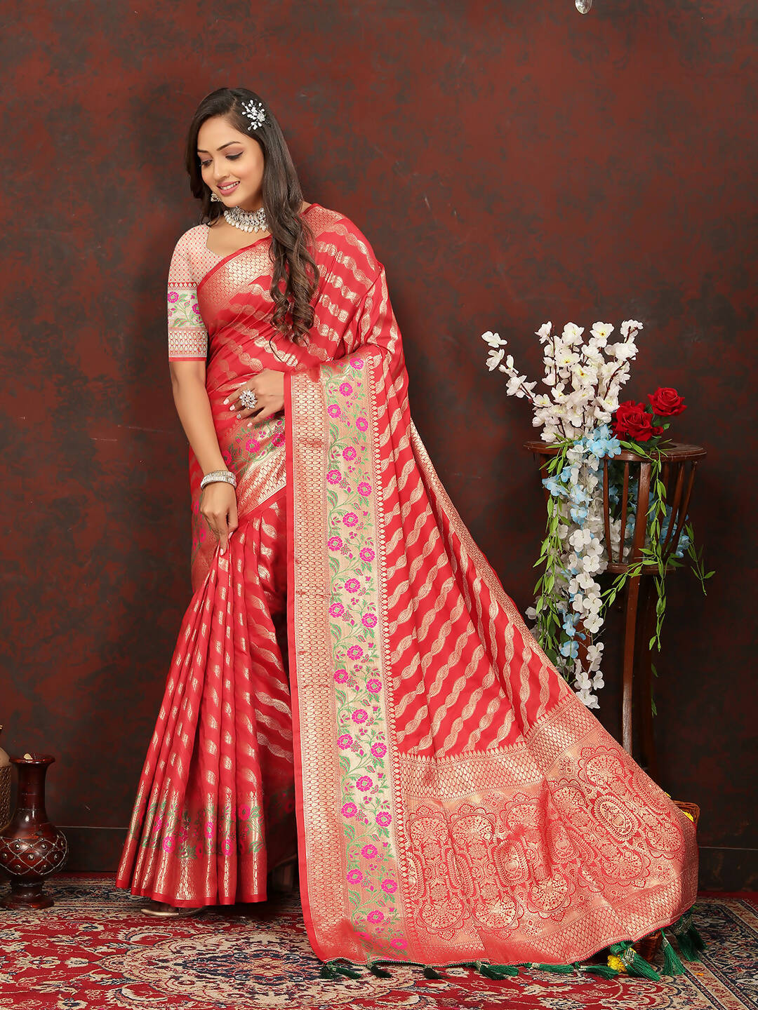 Lorenvalley Fashion Red Soft Silk Woven Design with Zari Weaving Leheriya Design Saree | Grocsy