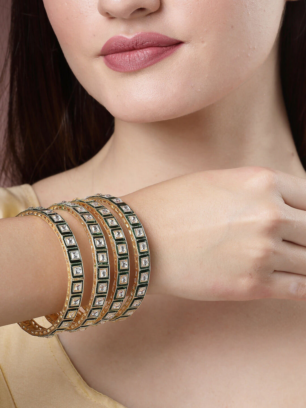 NVR Women's Set Of 4 Gold-Polished Green Kundan-Studded Traditional Bangles | Grocsy