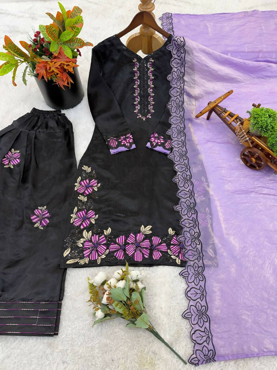 Teeya Creation Women's Fancy Stylish Heavy Embroidery Sequence Work With Rivet Moti Work Lavender Kurta Set | Grocsy