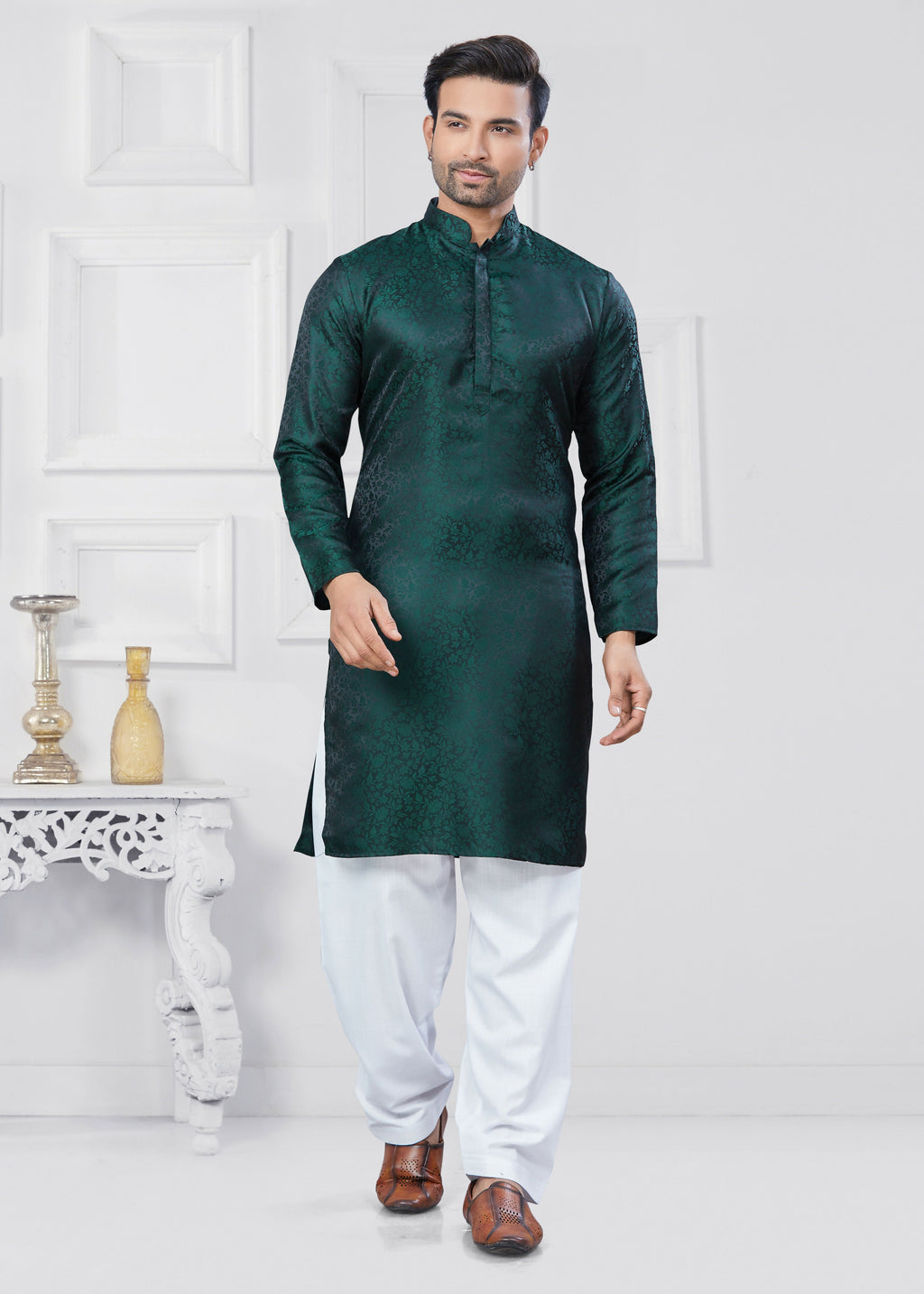 Joban Fashion Men's Jacquard Silk Green Printed Kurta Pyjama set | Grocsy